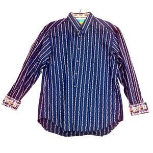 Robert Graham Mens XL Blue Striped Embroidered Guitar Flip Cuff Silk Trim Shirt